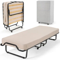 Bed with 4" Mattresses, Small Single Rollaway Bed with Storage Cover and Memory Foam Mattress, Portable Foldable Bed,