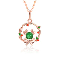 Original Women'S 925 Sterling Silver Emerald Christmas Reindeer Wreath Pendant Necklace Jewelry Gift For Mother Women Friends