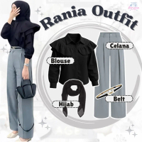 4in1 Set Setelan Remaja Simple ( Baju Blouse Ruffle, Celana Knit, Jilbab Bella Square, Belt, Bag) Ou