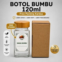 Botol Bumbu + Sticker + Kardus Botol bumbu Masak Kaca Tutup Bambu Elegan Kedap Udara 120ml