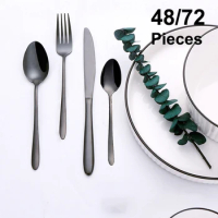 Black Tableware Stainless Steel Western Cutlery Set Elegant Dinner Set Mirror Knife Fork Spoon Kitchen Utensils 48 Pcs 72 Pcs