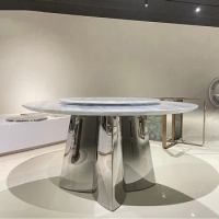 Natural marble dining table Italian light luxury high-end villa home circular blue crystal luxury stone dining table with turnta