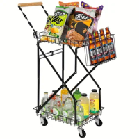 Multifunctional folding shopping trolley with wheels 2 tier grocery trolley with storage basket rolling