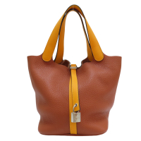 【二手名牌BRAND OFF】HERMES 愛馬仕【再降價】紅駝色 TC牛皮 Picotin Lock 22cm MM 手提包 菜籃子 銀扣 X刻