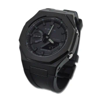 Hontao GA2100 Casioak 5th Gen Black Stainless Steel Watch Case Fluoro Rubber Strap for Casio G Shock GA-2100/B2100/2110