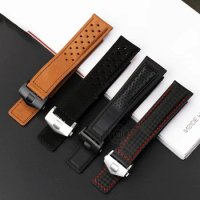 20mm 22mm Carbon fiber frosted cowhide leather folding buckle Men's watch strap black red For Tag Heuer Carrera Monaco FORMULA 1