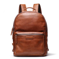 Natural Genuine Leather Men Backpack 15.6 Inch Laptop Bags Travel Bagpack Schoolbag Backpack Male Vintage Backpack Brown Coffee