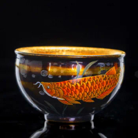 |Chinese lacquer cup master hand-painted golden arowana master cup single cup 24 k gold mine loader him light tea bowl