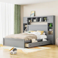 Queen Size Bed Frame with Bookcase Headboard and 4 Storage Drawers, Solid Wood Queen Bed Frame
