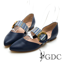 GDC-真皮拼接中空尖頭質感平底鞋-藍色