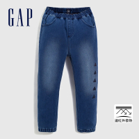 【GAP】女幼童裝 Logo小熊印花刷毛鬆緊直筒牛仔褲-深藍色(837236)