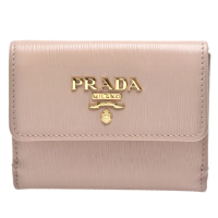 【PRADA 普拉達】經典金色金屬浮雕LOGO直紋牛皮卡夾/零錢包(裸膚色1MH350-VITELLO MOVE-CIPRIA)