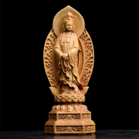 Cliff Cypress Carving Lotus Stand Holding Beads Guanyin Bodhisattva Buddha Statue Ornaments Solid Wood Household Classical