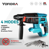 Yofidra 26mm Cylinder Brushless Motor Electric Hammer Drill with Drill Bits.for Makita 18V Battery Cordless Impact Rotary Drill