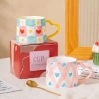 Cute INS style Ceramic Mug Creative Hand-Painted Love Heart Coffee Cup Couples Cup Breakfast Milk tea Mug Valentine's Day Gift