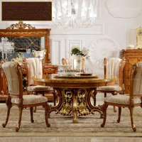 custom European solid wood dining table and chair combination marble French royal court round oval