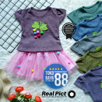 TOKO RAYA 88, Setelan Dress Tutu Premium Bayi 1 – 2 Tahun, Gaun Pom-Pom Grape Knit Tile, Baju Rok An