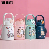 900 ML Large Capacity Stainless Thermos Water Bottle Cute Double Drink Belly Cup with Straw Kids School Sport Insulated Tumbler