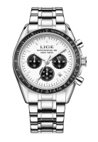 LIGE 計時碼錶不鏽鋼石英錶，42 毫米，金屬錶帶
