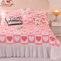 3pcs Set Cotton Korean Lace Bed Skirt Warm Soft Stretch Breathable Mattress Protector Anti-bacterial Bed Cover Queen King Size