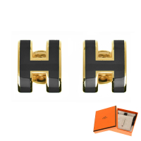 【Hermes 愛馬仕】H608002F 03 經典Mini Pop H 簍空LOGO耳針式金邊耳環(黑色)