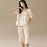【藍尼居家】★短袖花卉帶胸墊居家睡衣(Bra Top/兩件式套裝/女睡衣/家居服)
