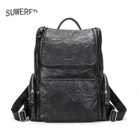 Black angel Scratch Wrinkle leather Practical 13.3 inch Computer Men's Backpack large Capacity Casual men's backpack