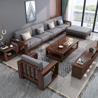 沙發 沙發椅 北歐1+2+3實木沙發茶幾組合 胡桃木現代中式客廳布藝轉角貴妃沙發