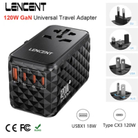 LENCENT 120W/100W/65W GaN Universal Travel Adapter with1 USB-A+3 Type-C PD3.0 Fast Charger EU/UK/USA/AUS plug for Travel