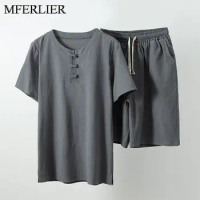 MFERLIER Summer Men Shirt 5XL 6XL 7XL 8XL 9XL 10XL Bust 157-162cm Plus Size Large Shirt With shorts 5 Colors