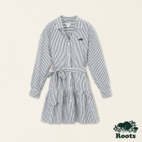 Roots女裝-舒適生活系列 刺繡海狸LOGO有機棉拼接襯衫洋裝-藍色