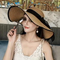 Mũ Chống Nắng Rơm Có Thể Gập Lại Vành Cực Lớn, Mũ Đi Biển Nữ Chống Tia UV, Có Nơ Ruy Băng, Dễ Phối Đ