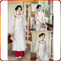 ☛Set áo dài thời trang nữ chất tơ cổ tròn đính nút bọc họa tiết thêu trang nhã phối quần mango dài ố
