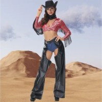 Sexy Spice Girl Western Denim Cosplay Outfit Women Gold Stamping Print Shirt &amp; Belt Leather Pants Briefs Halloween Dance Costume