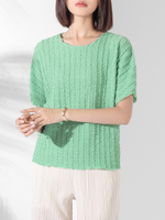 40697 One Size (45-75kg) Wrinkled Texture Round Neck Short Sleeve Top For Women Summer Solid Color L