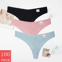 100Pcs/Set Women Cotton Thongs Panties Sexy Low Waist G-String Briefs Striped Seamless Comfortable Solid Color Intimates Lingere