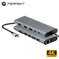 【PERFEKT】USB Type C 14孔 多媒體集線器 HUB 充電 快充(RJ45/HDMI/VGA/SD/TF 連接器 鋁合金 PT-67110)