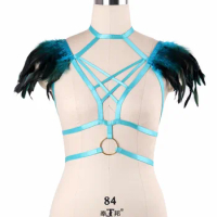 Fetish Wear Feather Harness Bra Angel Wings Feathers Shoulder Epaulette Bondage Harness Gothic Gypsy Bodysuit Lingerie DO0579