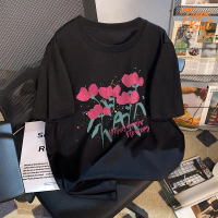 Unisex T-Shirt Wanita Hitam Lengan Pendek - Motif Bunga Mawar Abstrak Katun Premium Sejuk 2025 Des