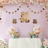 Chinese Traditional Wedding Room Wall Stickers Double Happiness Red Glitter Mirror Champagne Paper Heart Garlands Home DIY Decor