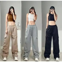 Celana Cargo Wanita Bahan Fleece Pinggang Full Karet 4 Saku Aktif Sweatpants Cargo XL Beige
