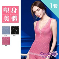 【尚芭蒂】內搭外穿格紋蕾絲免罩蠶絲成套塑身衣(玫紅色成套)