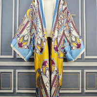 African Women Fashion Printed Summer Loose Long Sleeve Silk Kimonos Kuwait Muslim Lady Beach Party Comfortable Kaftan Robe