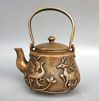 精品純銅浮雕牡丹花銅酒壺老物件收藏仿古民國二年鶴鹿同春銅茶壺
