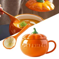 300ml/500ml/850ml Halloween Pumpkin Shaped Ceramic Cup Spoon Kawaii Soup Mug With Lid Oatmeal Cup Creative Water Cup