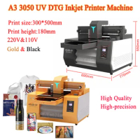High-precision A3 3050 300X500mm Full Automatic Flatbed Photo UV DTG Inkjet Printer Machine Gold and Black 220V 110V