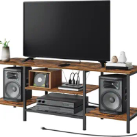 TV Stand with Power Outlets to 65 Inches, TV Console Table with Open Storage Shelves, Industrial Media Entertainment Center