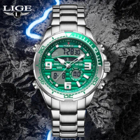 Luxury Brand LIGE Fashion Classic Men Watch Digital Dual Display Quart Watch Waterproof Luminous Date Military Wristwatch