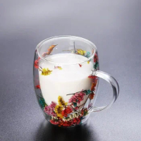 Dried Flower Double Wall Clear Glass Coffee Mugs Double Insulated Glass Cup For Hot Cold Beverages Cappuccino Latte Espresso Cup