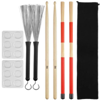 Drum Sticks Set,5A Maple Wood Drum Sticks,Drum Rods Brushes,Retractable Drum Wire Brushes,Drum Dampeners with